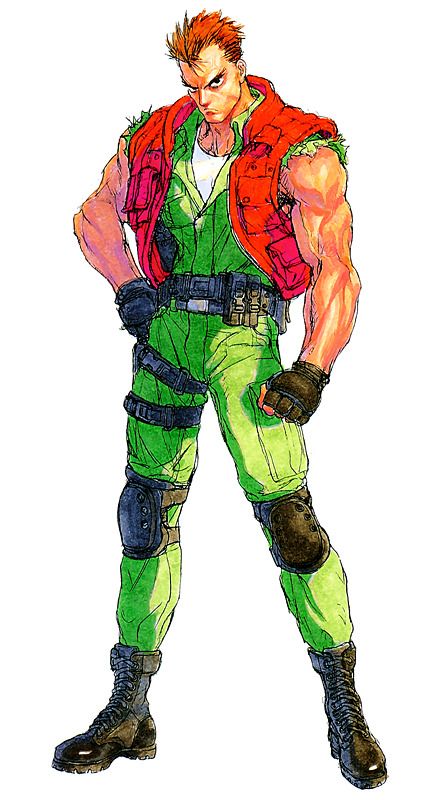 a male soldier character with muscular build and a serious expression. he is wearing green camouflage pants and a red vest. he is holding a weapon and looks ready for battle. the image is an illustration of a soldier character, possibly for a comic or video game.