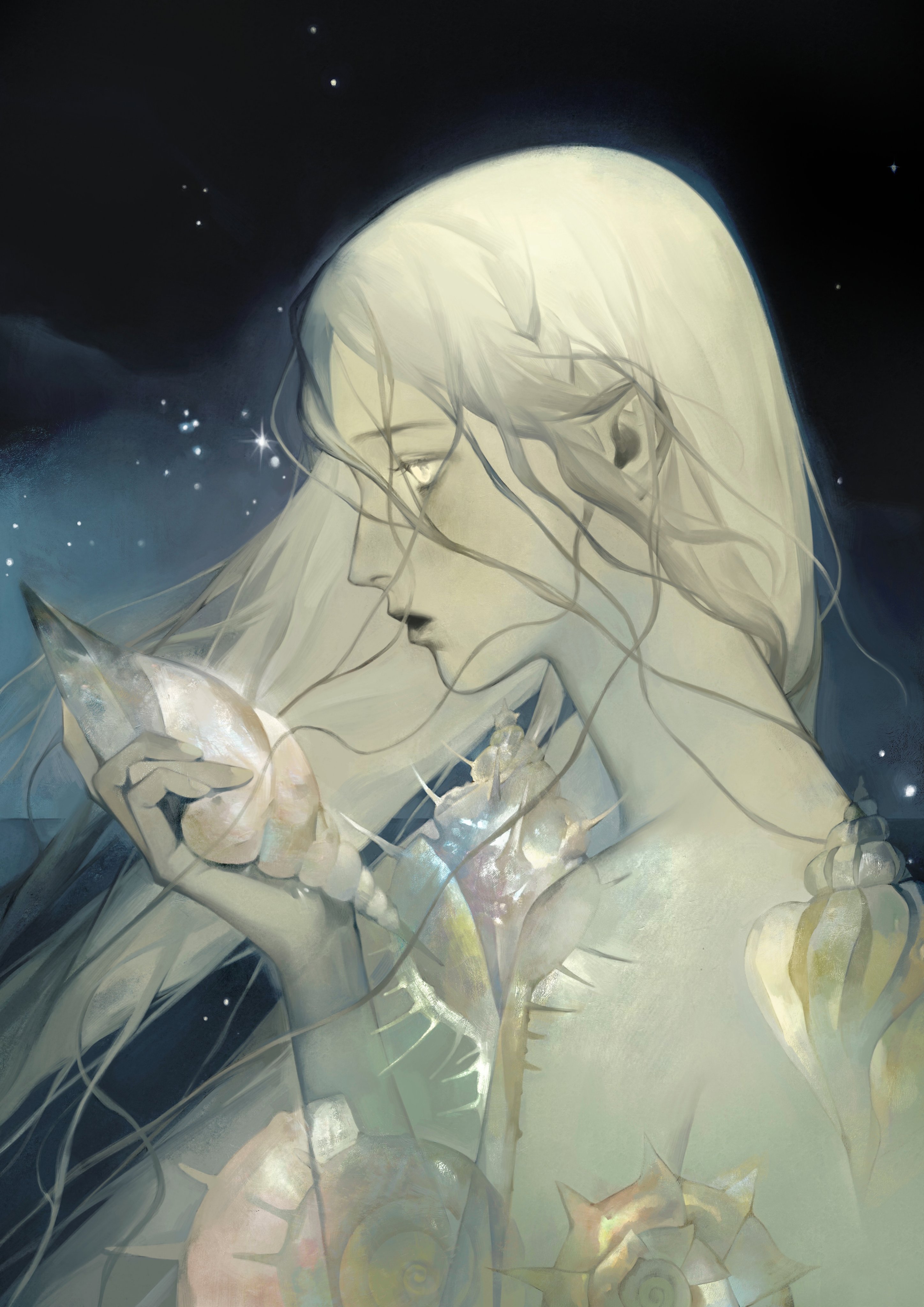 this image is a digital painting of a young woman with long blonde hair, floating in the ocean at night. her hair is blowing in the wind and she is surrounded by seashells. the sky is filled with stars and the scene is very dreamy and magical. the woman looks ethereal and beautiful, almost like a mermaid.