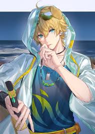 an animestyle male character with blonde hair and blue eyes is shown against a beach background. he's wearing a light blue hoodie, a dark blue tank top with green designs, and a necklace. he's holding what appears to be a vape in his hand. sunglasses are pushed up on his head, and he's wearing a choker.