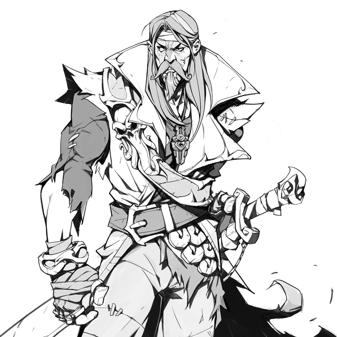a black and white sketch of a pirate with a sword, he's wearing a coat, a belt, and he has a long beard. the pirate looks intense and is likely in the middle of a fight. the sketch is done in a rough style and shows the artist's process of creating the character. the image is created with pencil or digital drawing tools.