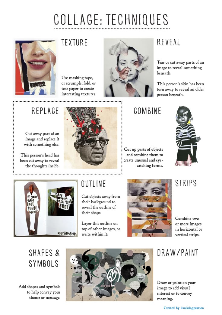the image displays various collage techniques with examples. the techniques include texture using masking tape or crumpled paper, reveal by tearing away parts of an image, replace parts of an image, combine cut parts of objects, outline shapes, shapes and symbols, strips combining multiple images and drawing or painting on images. each technique has a brief description and visual example.