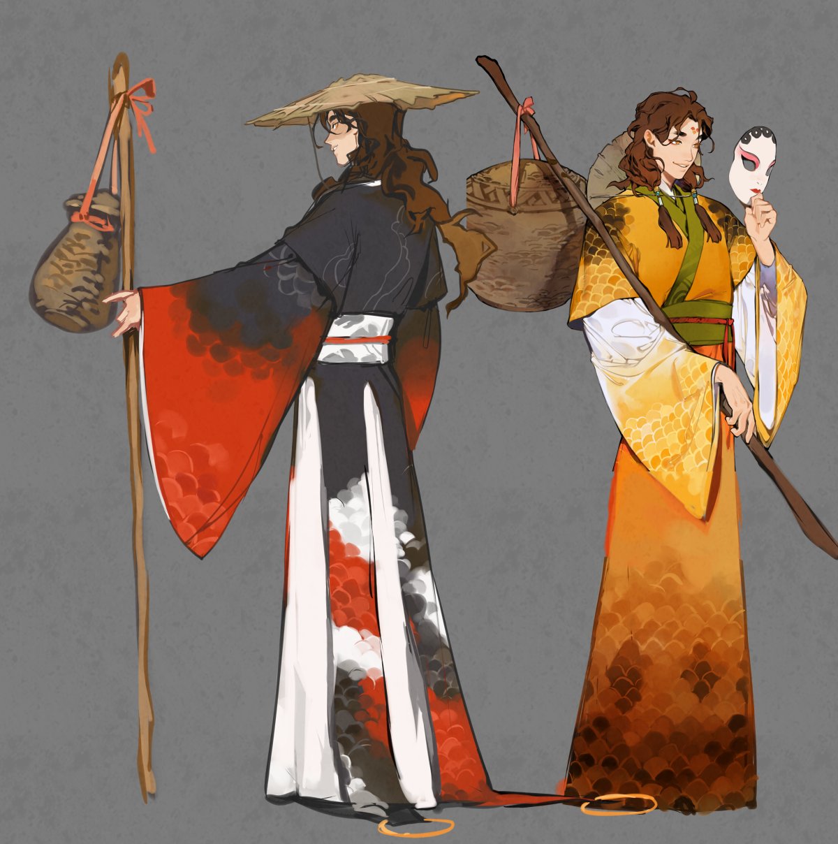 the image is an illustration featuring two men dressed in traditional japanesestyle clothing, likely kimonos. on the left, a man wears a black, red, and white kimono with a straw hat and carries a basket on a staff. on the right, another man is dressed in an orange and yellow kimono, also holding a staff and a mask. they both appear to be travelers or characters from a fantasy setting. the style is reminiscent of character design with a focus on traditional asian cultural elements.