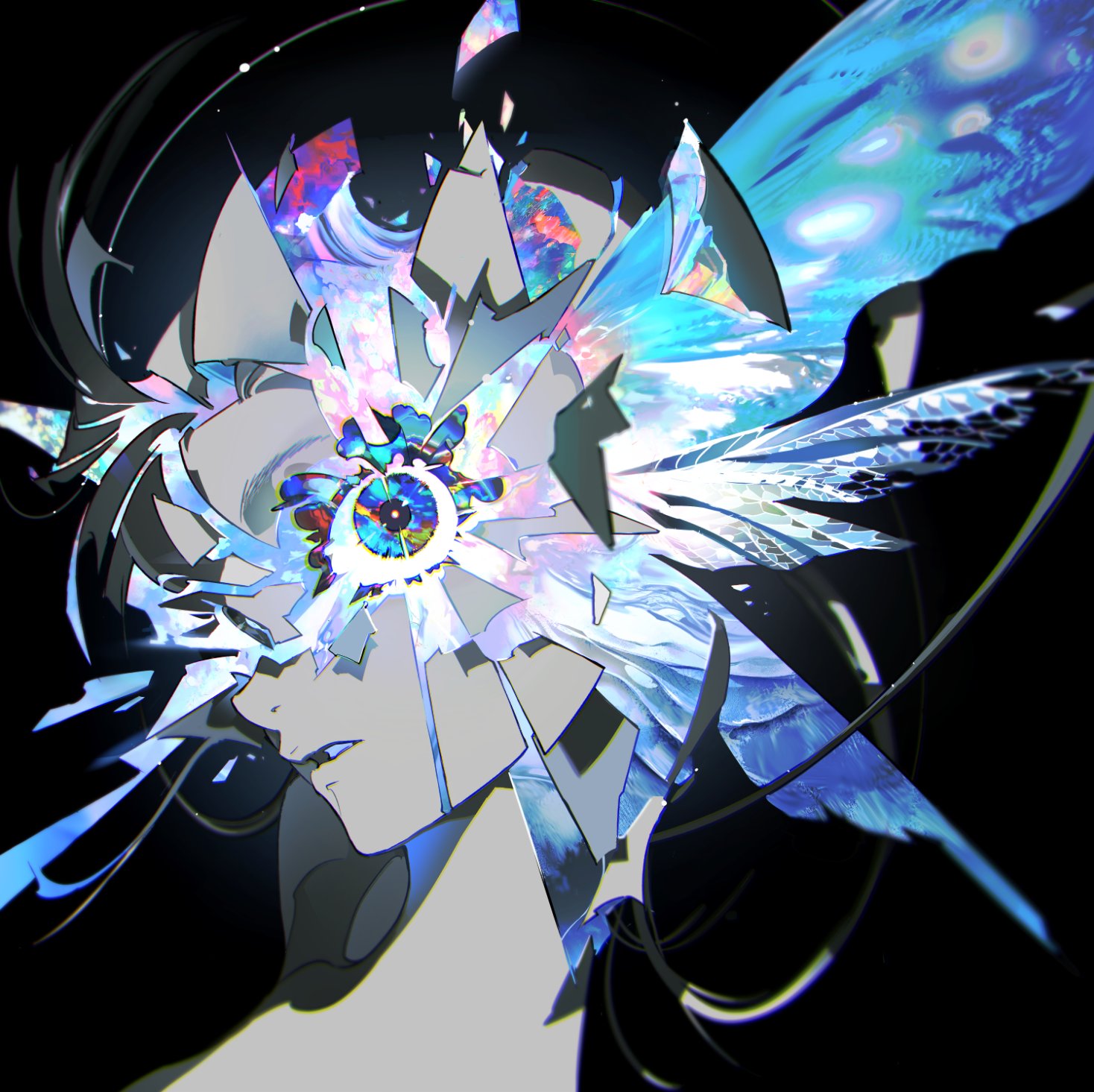 the image showcases a stylized portrait of a woman in profile, her face partially obscured by shattered, iridescent fragments that resemble both glass and butterfly wings. a single, captivating eye, surrounded by concentric circles of light, pierces through the fractured composition. the background is a deep, contrasting black, further emphasizing the vibrant, ethereal glow emanating from the shattered elements and the woman's eye. the overall effect is both beautiful and unsettling, hinting at themes of transformation, fragmented identity, and hidden depths.