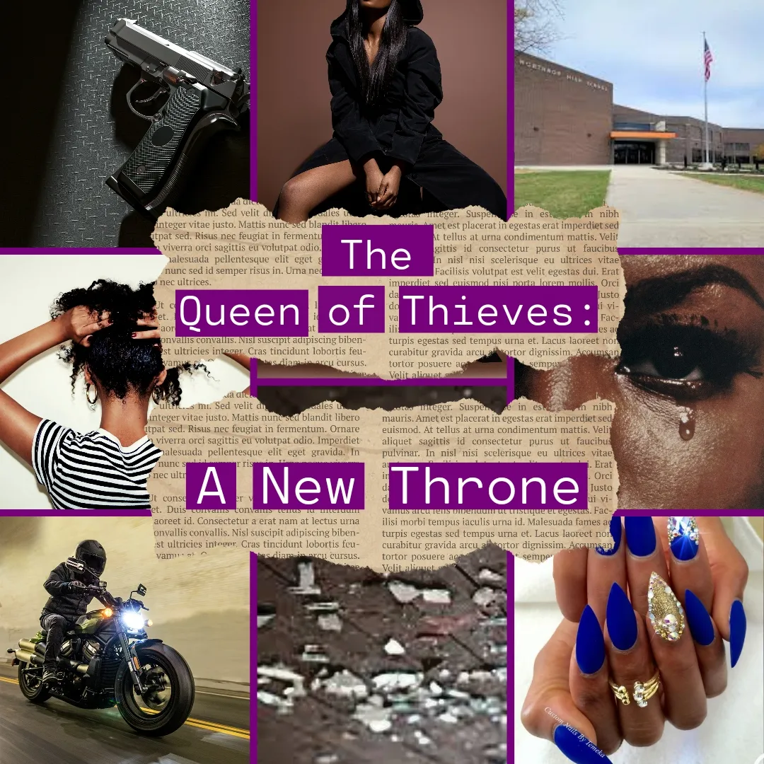 he image is a collage promoting a book titled "the queen of thieves: a new throne". it features a variety of images, including a woman sitting on a floor, a woman crying, a motorcycle, a gun, broken glass, a school building, and intricately designed nails.  the overall mood is dark and dramatic, suggestive of a mystery or thriller. the text is superimposed on images and parts of text are obscured. the color palette is predominantly dark with pops of purple and blue.