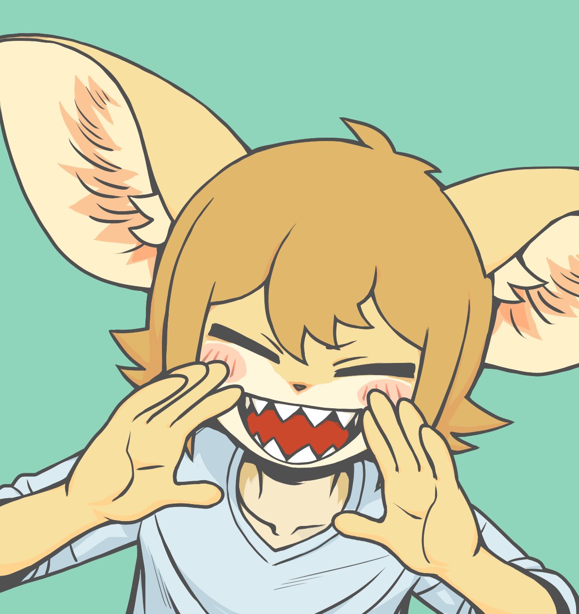 a cartoon furry with brown hair and big ears is laughing and smiling, their eyes are closed, and they are covering their mouth with their hands. they have a large smile showing lots of sharp teeth. the background is green.