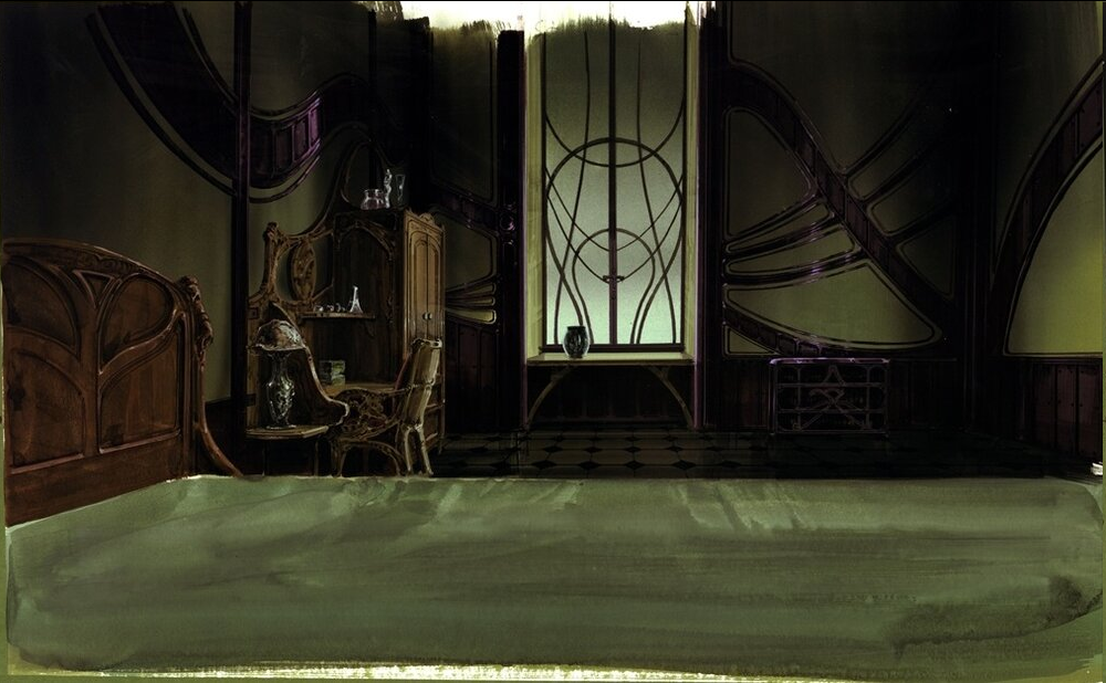 the image shows an empty bedroom decorated in the art nouveau style. the room features a large window with a geometric design, a wooden bed with a curved headboard, and a dressing table with a mirror. the walls are decorated with curved lines and floral motifs. the overall color palette is dark and subdued, with shades of brown, green, and purple.