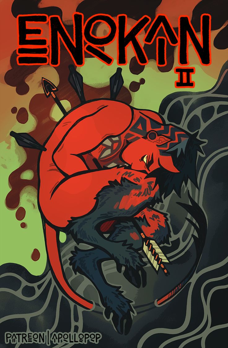 his is a digital illustration that appears to be the cover art for a comic book titled "enokan ii". the artwork depicts a red, demoniclooking creature, possibly a demon or some other fantastical beast, hunched over and wounded. it appears to have several arrows sticking into its back and is bleeding. the creature is rendered with a dark, somewhat grunge aesthetic and shows a lot of detail in its form and texture. the background is a blend of dark and light colors that create a dramatic effect, making the creature stand out.  the artist's patreon information is included at the bottom.
