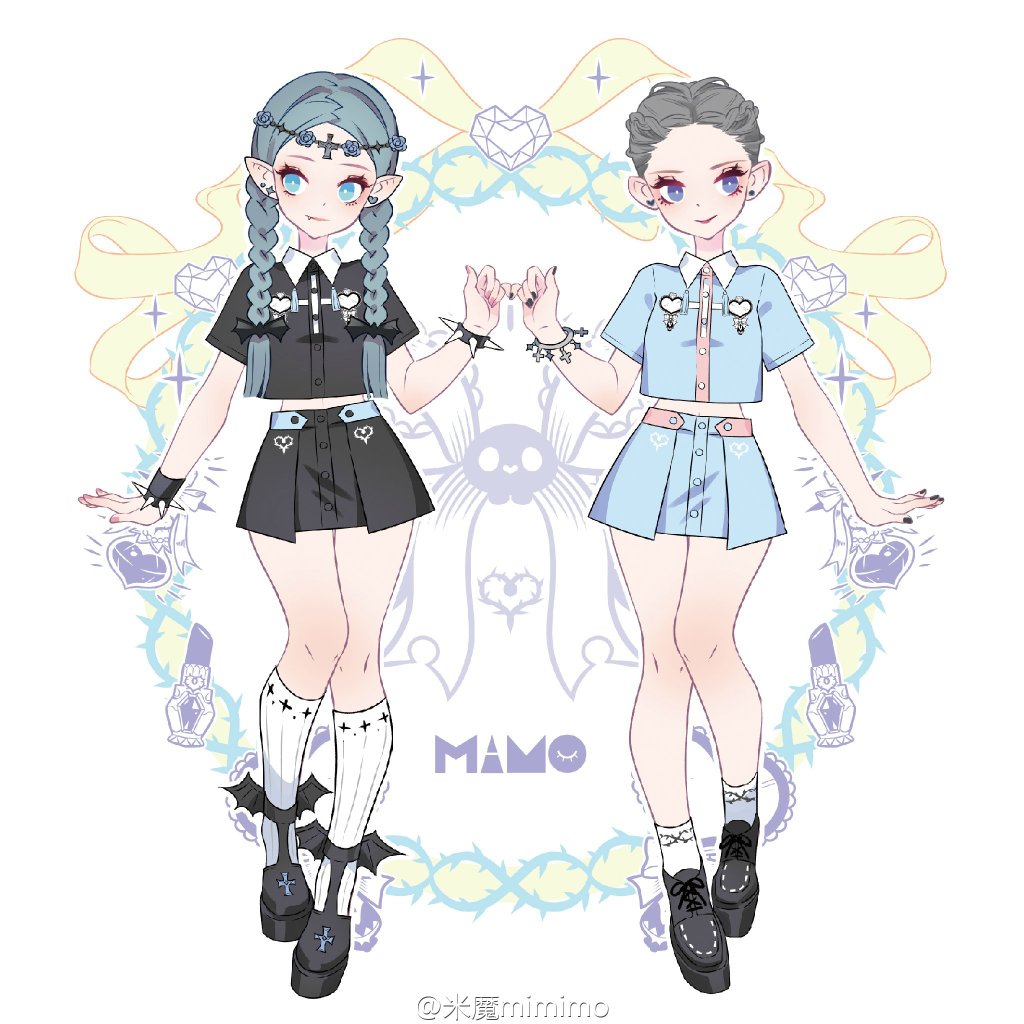 this is an anime illustration of two cute girls in a gothic lolita style. both girls have long blue hair with a braided hair style, are wearing matching outfits, and have a cute style of fashion.  both are wearing black boots with silver crosses, as well as a black wrist band with a silver cross. the girl on the left is wearing a black skirt with white heart detailing, and a black shirt with a white cross and a white collar. the girl on the right is wearing a light blue skirt with white button detail, and a light blue shirt with a pink trim. the girls are holding pink heartshaped objects in their hands.  the background is a light blue with black swirls and hearts.  the word mamo is written in a black font on the bottom middle of the picture.