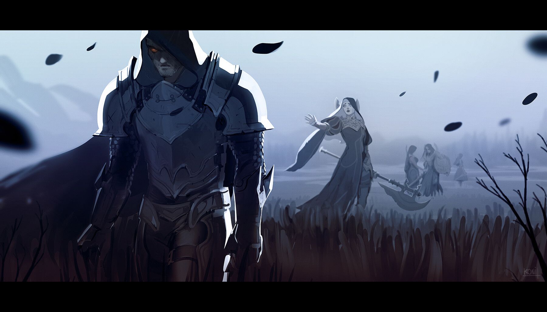 a dark fantasy illustration featuring a hooded knight in armor in the foreground, with a woman in a dress holding a scythe and other figures in the background landscape. the scene has a dark and mysterious atmosphere with falling black shapes.