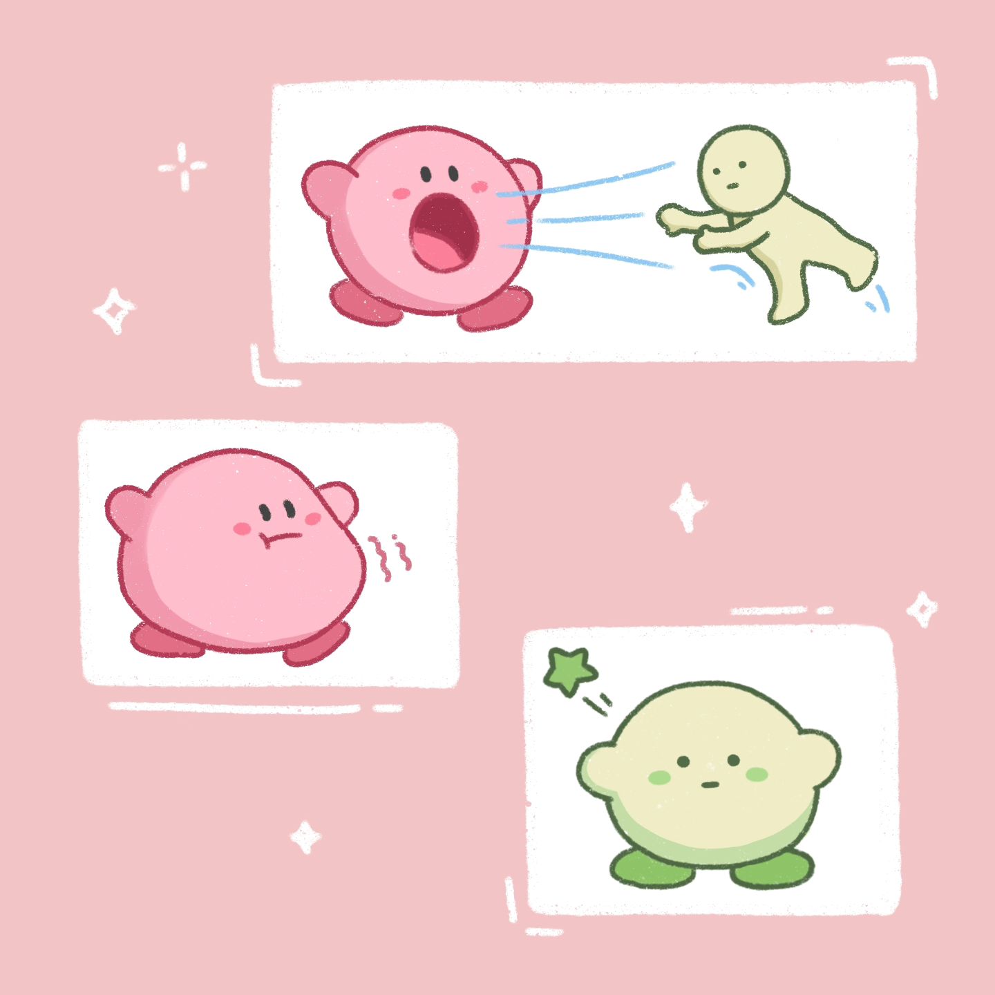 the image features four cartoon characters on a light pink background. the top left character is pink and has a large open mouth. the top right character is yellow and has a small open mouth, it appears to be floating and wearing a small smile. the bottom left character is pink and is wearing a small smile, it appears to be floating as well. the bottom right character is green and has a large smile, it appears to be standing. the characters are all in a whimsical and playful style.