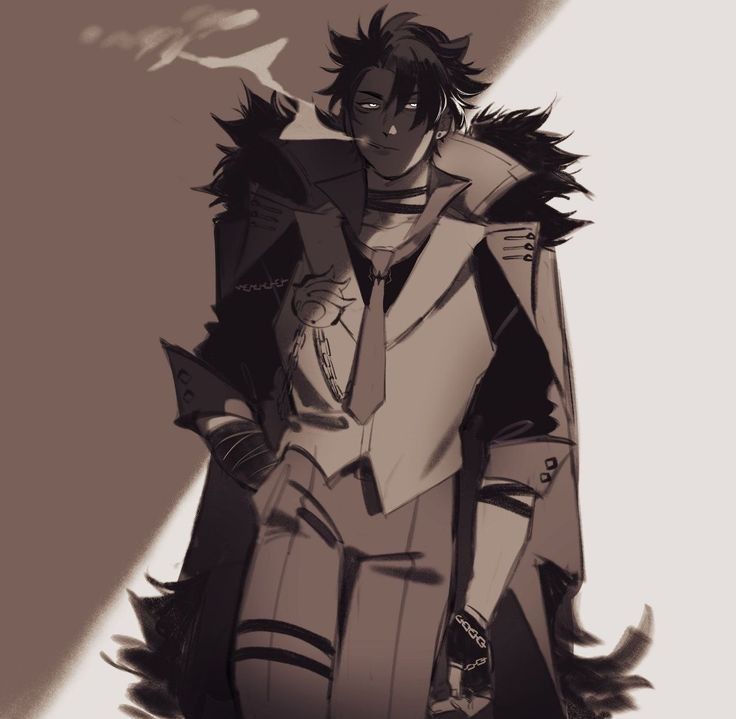 the image showcases a stylized digital painting or illustration of a male anime character. he is depicted in a dramatic pose, his face partially obscured by shadow and smoke from a cigarette, lending an air of mystery. he wears a sophisticated outfit, a combination of a stylish coat with a large collar, a waistcoat, and a tie.  his expression is serious, almost stoic. the artwork is predominantly in grayscale with sepia tones, using strong contrast between light and shadow to create a dramatic effect. the overall style is dark and edgy yet elegant, suggestive of a sophisticated and possibly dangerous character.