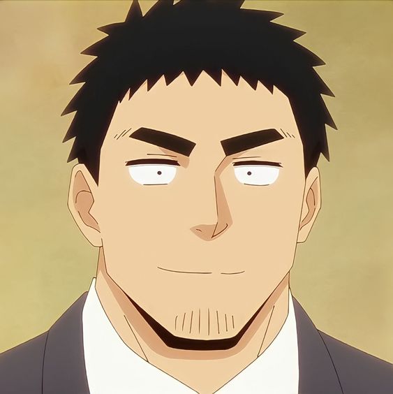 the image shows the head and shoulders of an adult man with short black hair and thick eyebrows. he is wearing a suit jacket and white collared shirt. he has a pleasant expression with a slight smile. the image appears to be a still from an anime or cartoon.content: portraitpeople: man environment: n/alighting: soft lightingperspective: frontal viewkw: anime, cartoon, man, portrait, suit, businessman,  closeup, happy, friendly