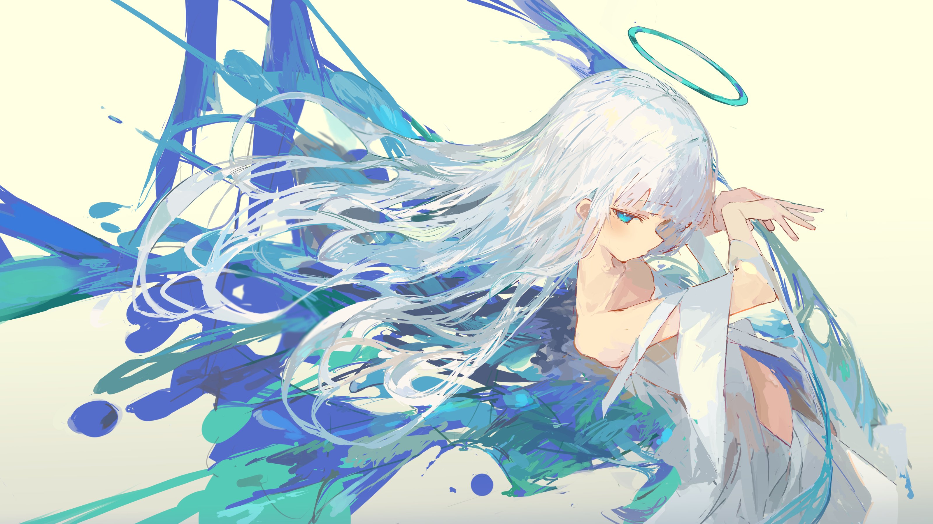 he image is a digital painting of an animestyle girl with long, flowing white hair and blue eyes. she is depicted with a halo above her head, suggesting an angelic nature. her clothing is white and flowing, and her pose is graceful and serene. the background is abstract and filled with swirling, blue and teal brushstrokes, which create a sense of movement and ethereal beauty. the overall style of the artwork is soft, delicate, and dreamy.