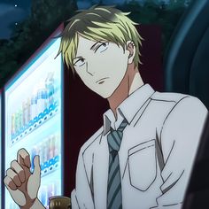 this is a closeup portrait of an anime character. he is outside at night with his right hand slightly raised and his mouth slightly open as if he's talking. he has blonde hair and blue eyes. he is wearing a white buttonup shirt with the sleeves rolled up to his elbows. he has a black and grey striped tie. his left arm is bent and resting on something out of the picture. behind him, to his left, is the side of a brightly lit vending machine. the background is a dark blue/green.