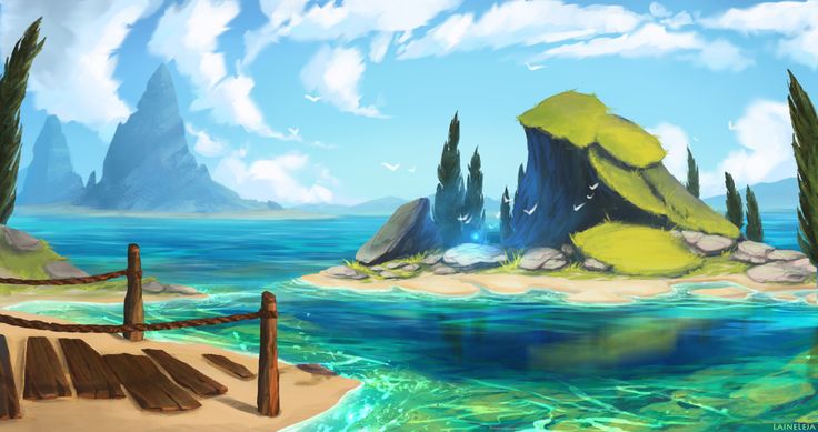 the image shows a bright, sunny landscape with a clear blue sky dotted with white clouds. the scene includes a calm sea with turquoise water, reflecting the sky above. in the distance, there are large, blue mountains, and closer to the viewer, a small island covered in green plants and rocks. several tall, thin trees are scattered on the island. a wooden dock with a rope railing leads out into the water. white birds are flying around the island. the colors are vibrant and the style is illustrative.