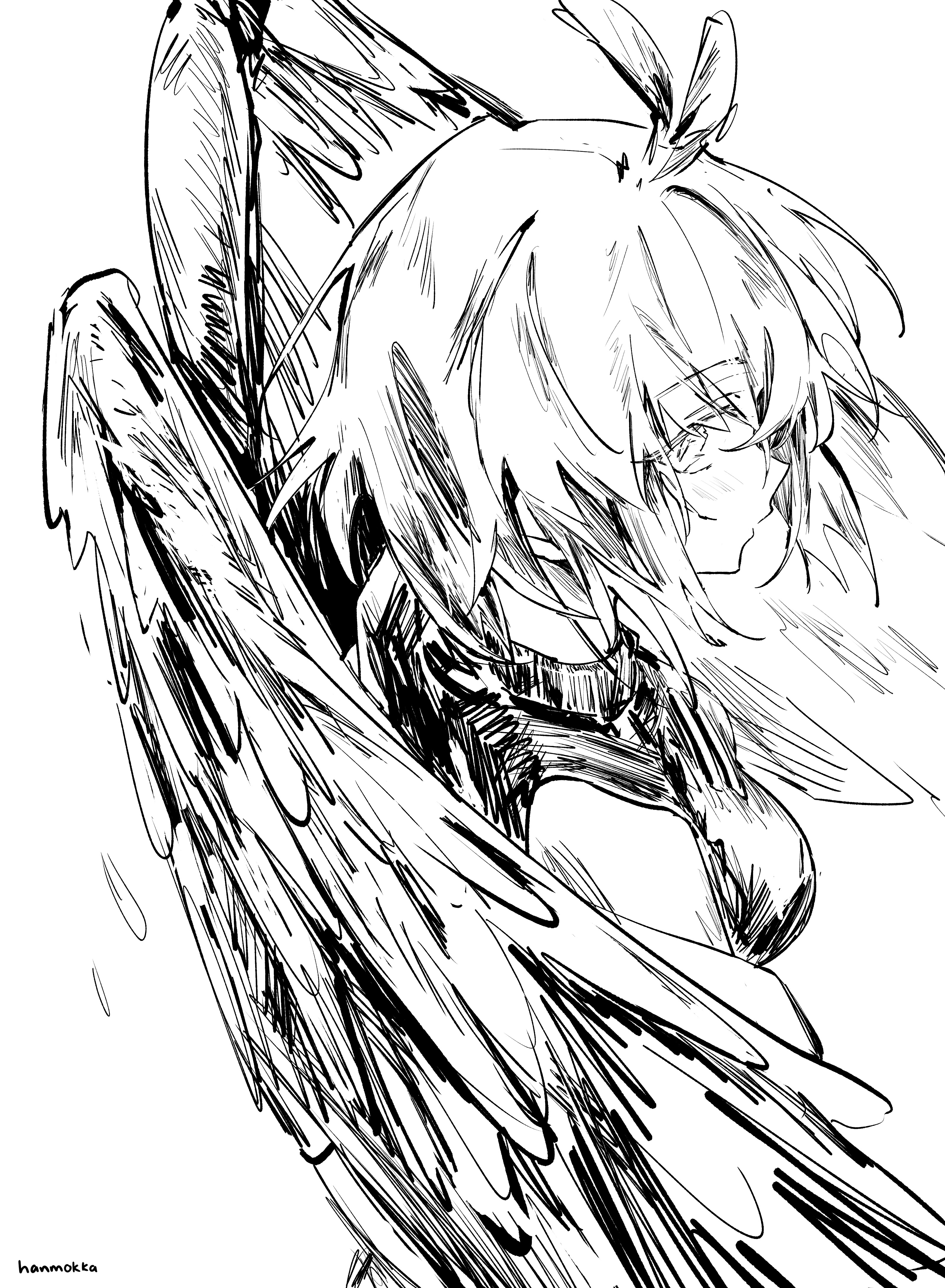 the image is a dynamic black and white sketch of an animestyle girl with large, feathered wings.  her hair is long and flowing, partially obscuring her face.  the style is expressive and somewhat messy, utilizing a variety of line weights and hatching techniques to create texture and movement. the overall impression is one of power and emotion, possibly suggesting a fallen angel or other fantastical being. the artist's signature "hanmoka" is visible in the bottom left corner.