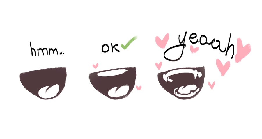 the image consists of three animestyle mouths, each expressing a different emotion. from left to right: a slightly open mouth with a neutral expression labeled "hmm...", a wider open mouth with a content expression and a green checkmark next to it labeled "ok", and a fully open mouth with a happy expression, pink hearts around it, and labeled "yeaaah".