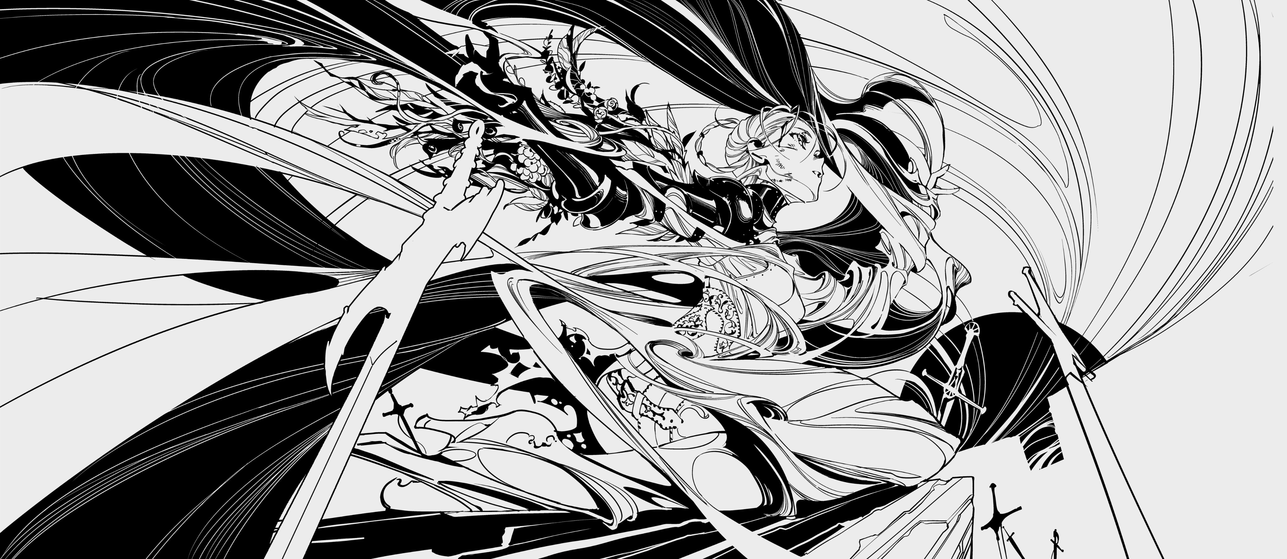 this is an abstract black and white illustration, with a variety of lines and shapes intertwined. there appears to be no discernable subject matter.