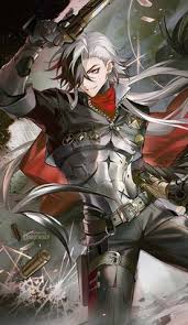 the image shows a detailed illustration or artwork depicting a male anime or manga character. he has long, silver hair, a red scarf, and is clad in dark, futuristicstyled clothing with metallic accents. he wields a gun, suggesting a gunslinger or combatoriented role. the character is presented in a dynamic pose, suggesting action or movement. the art style is detailed, with focus on texture, lighting, and character design. the background is blurred and partially obscured, emphasizing the character. the overall aesthetic is intense and dramatic.