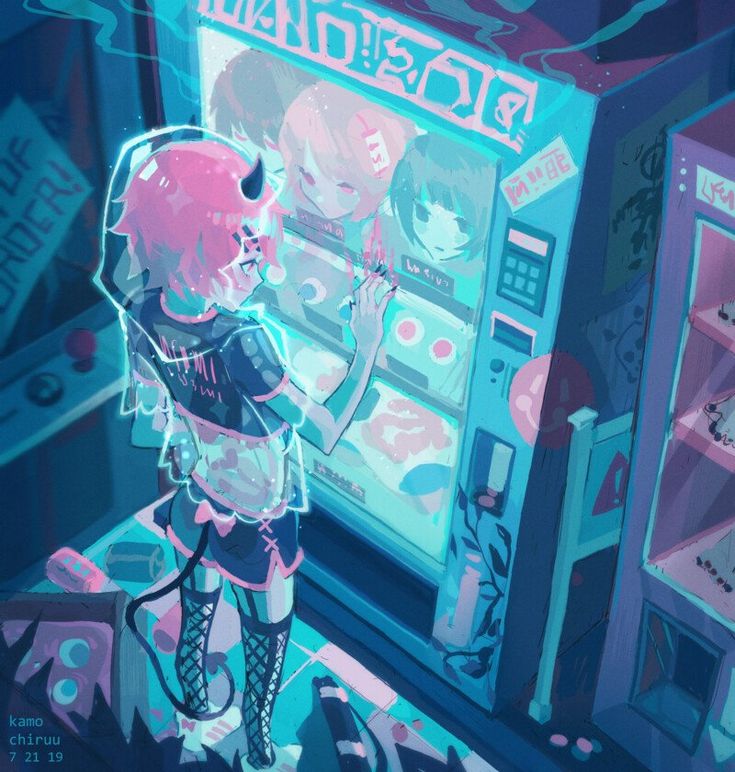 the image depicts a young anime girl, seemingly ethereal, with pink hair and glowing halo, standing in front of a vending machine. the vending machine is brightly lit with a colorful display of glowing items, suggesting a futuristic or fantasy setting. the overall tone of the image is neon and vibrant, creating a cyberpunkesque atmosphere. the image is stylized and resembles digital art, focusing on a pastel palette.