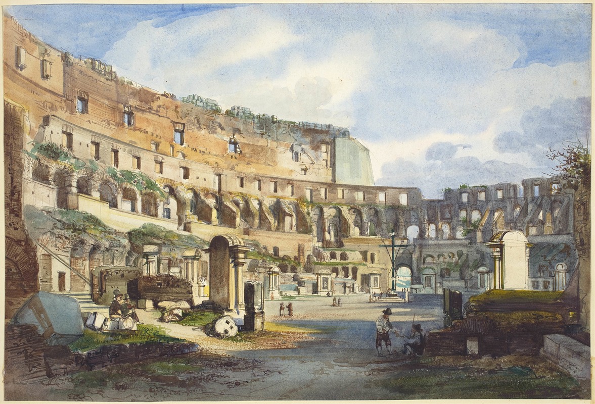 the image is a watercolor painting depicting the interior of the colosseum in rome. the structure is in ruins, with only parts of the outer walls and archways still standing. there are figures present in the scene, including people standing near the ruins. the sky is visible in the background with blue color and clouds. the artwork captures the historical atmosphere of the monument.