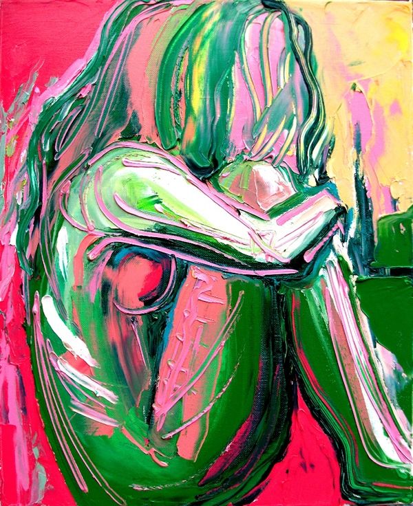 the image is an abstract painting of a woman. it is done in a bold and vibrant style, with thick brushstrokes and bright colors. the woman is depicted in a pose of contemplation, her body curved inward, her face hidden. the colors are mainly green, pink, and yellow, with accents of red and white. the background is a blur of pink and yellow. the painting is full of energy and movement, and it evokes a sense of both strength and vulnerability.