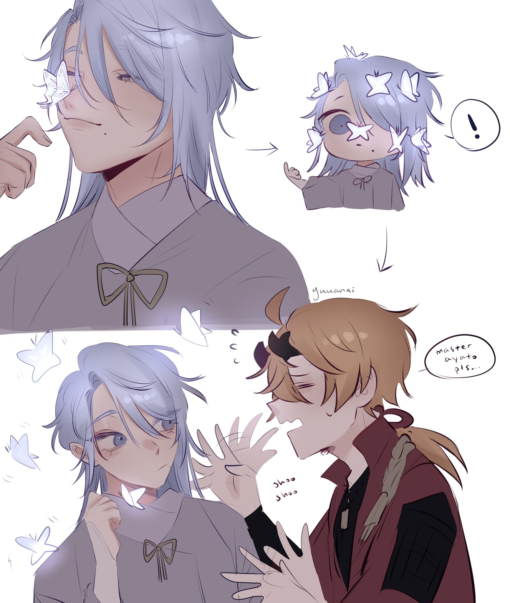 this image shows four different depictions of two anime boys. one boy has white hair and wears a traditional purple robe and a white butterfly on his hair. the other boy has blonde hair and is wearing a black shirt under a red jacket. they appear to be close friends.
