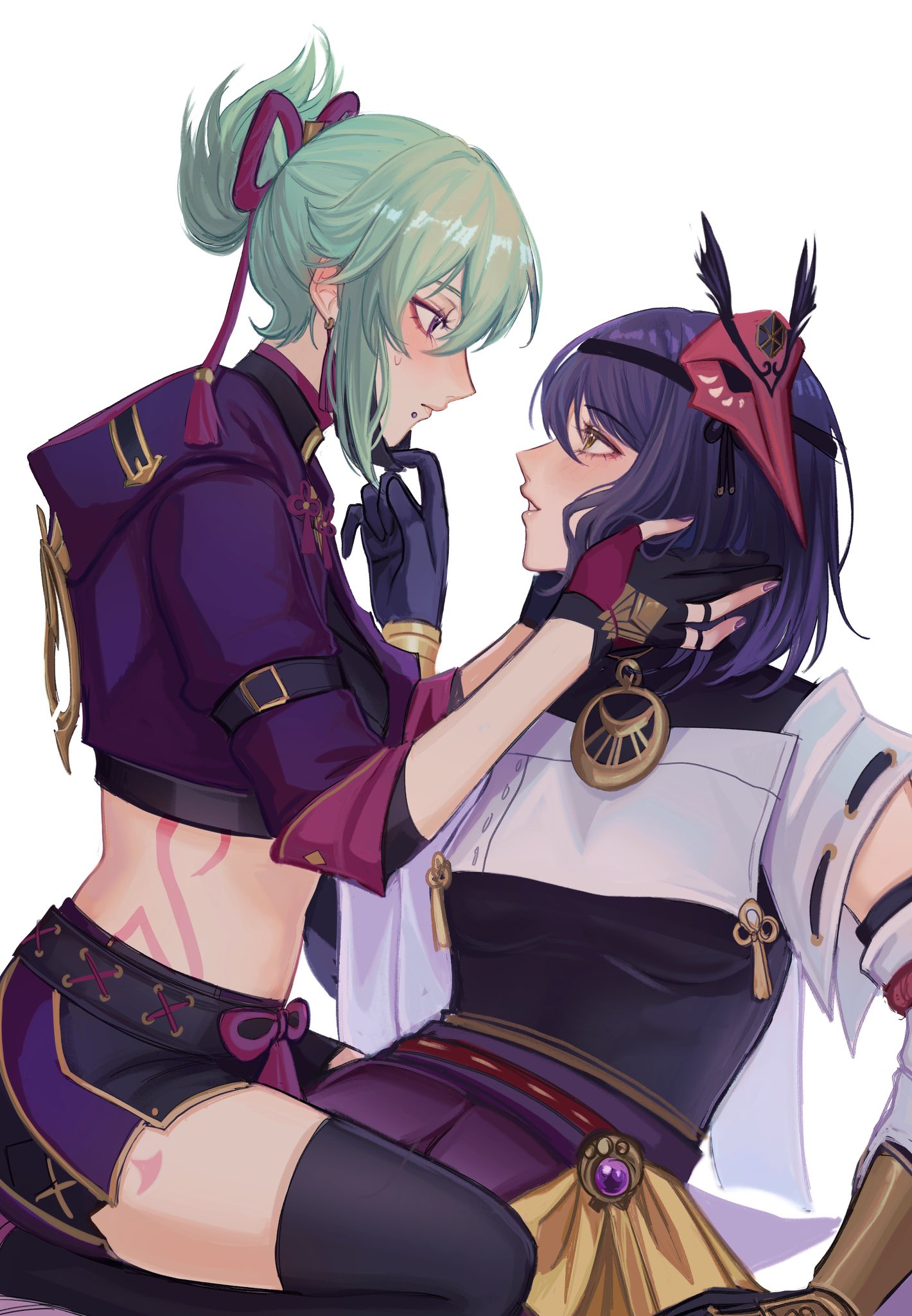 the image depicts two anime girls, one with green hair and the other with black hair, looking at each other lovingly. they are both dressed in fantasythemed outfits, the greenhaired girl wearing purple and black clothing with accessories, while the blackhaired girl wears a white, black, and gold outfit with a mask on her head. the image is set against a white background, creating a clean and simple aesthetic. the girls' expressions and the way they are looking at each other suggest a strong bond and affection. the image is a beautiful and romantic illustration of two anime characters.