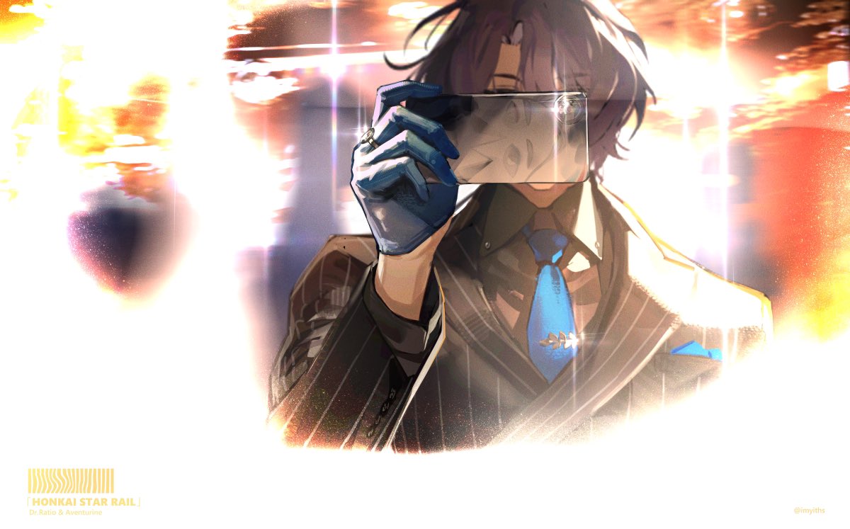 the image is a digital fanart of dan heng from the video game honkai: star rail. he is depicted in a stylish suit and gloves, holding up a phone that reflects his face. the background is a bright, explosive scene with warm tones. the overall style is anime/manga inspired.