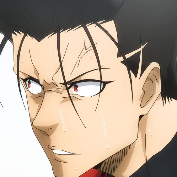 this is a closeup illustration of an animestyle male character. he has dark hair, red eyes, and a scar over his right eye. he appears to be sweating and his expression suggests anxiety or fear.
