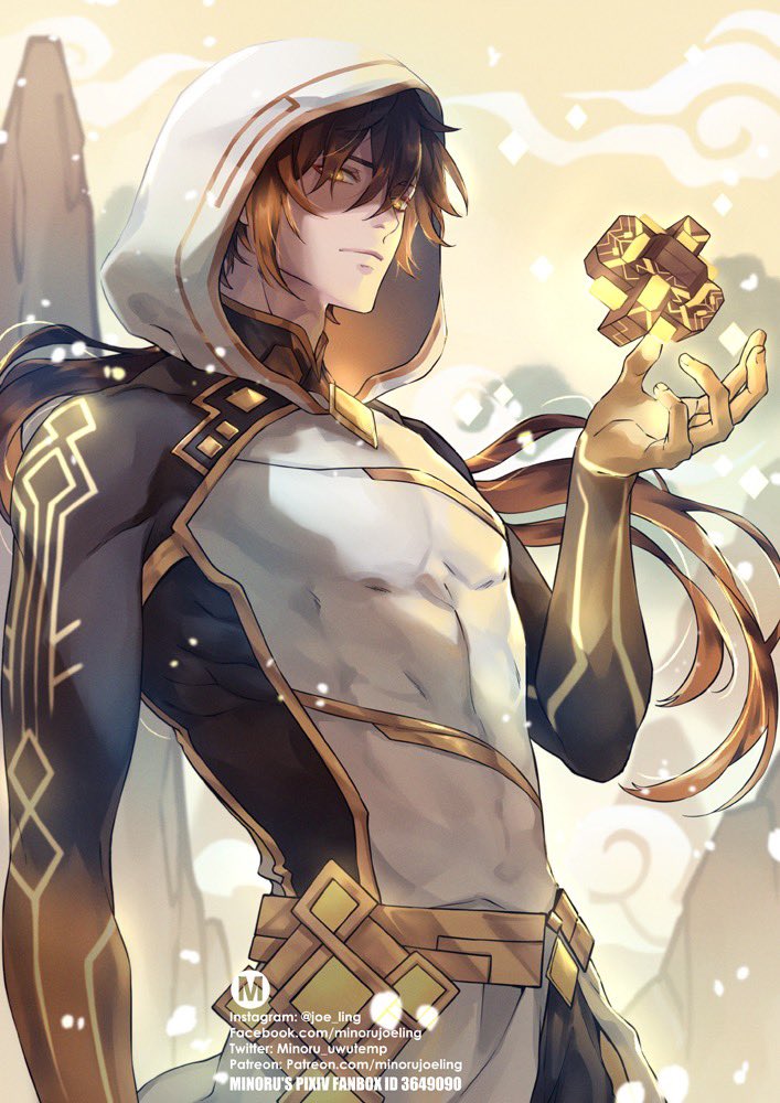an animestyle male character with long brown hair. he's wearing a white and black, goldtrimmed outfit with a black hooded cloak. he's holding a gold, cubeshaped object in his hand. the background is a soft white with faint gold swirls and white specks.  he's looking away from the viewer with a somewhat confident expression.