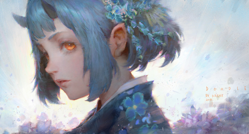 a digital painting of an animestyle girl with blue hair and small horns. she's wearing a darkcolored kimono with blue flowers on it and has a floral crown in her hair. the art style is soft, ethereal, and uses pastel colors. the background is a light blue and white wash. the artist's signature and the year 2019 are visible in the lower right corner.