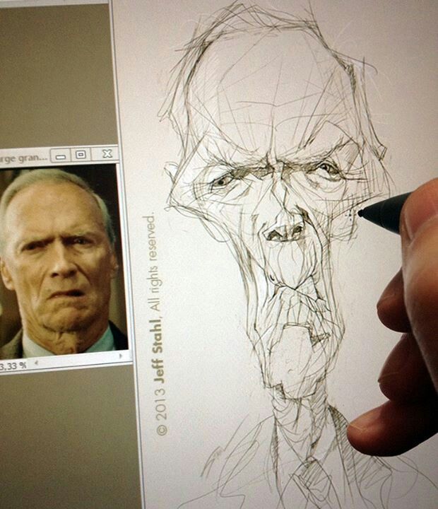 the image shows a partially completed digital caricature of clint eastwood being drawn with a stylus. a reference photo of eastwood is displayed on a screen to the left. the caricature is characterized by exaggerated facial features, and the digital canvas includes a copyright notice.