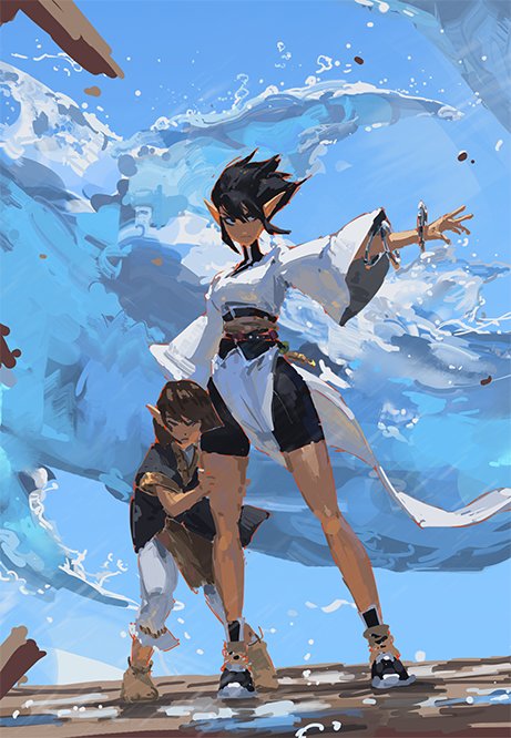 the digital painting depicts two elves, a taller female elf and a shorter male elf, standing on a platform amidst a dynamic scene of ocean waves. the female elf is prominently featured, wearing a flowing white robe and dark shorts, with her pose suggesting movement and power. the male elf is slightly crouched behind her, appearing to be supporting or accompanying her. the style is painterly, with loose brushstrokes that capture the movement of water and the dynamic energy of the scene. the overall mood is one of adventure and fantasy. the colors are vibrant, with the blues of the ocean contrasting against the white of the female elf's clothing. the background is filled with foamy, blue water with splash and spray.  the overall composition is visually striking and evocative of a magical journey.