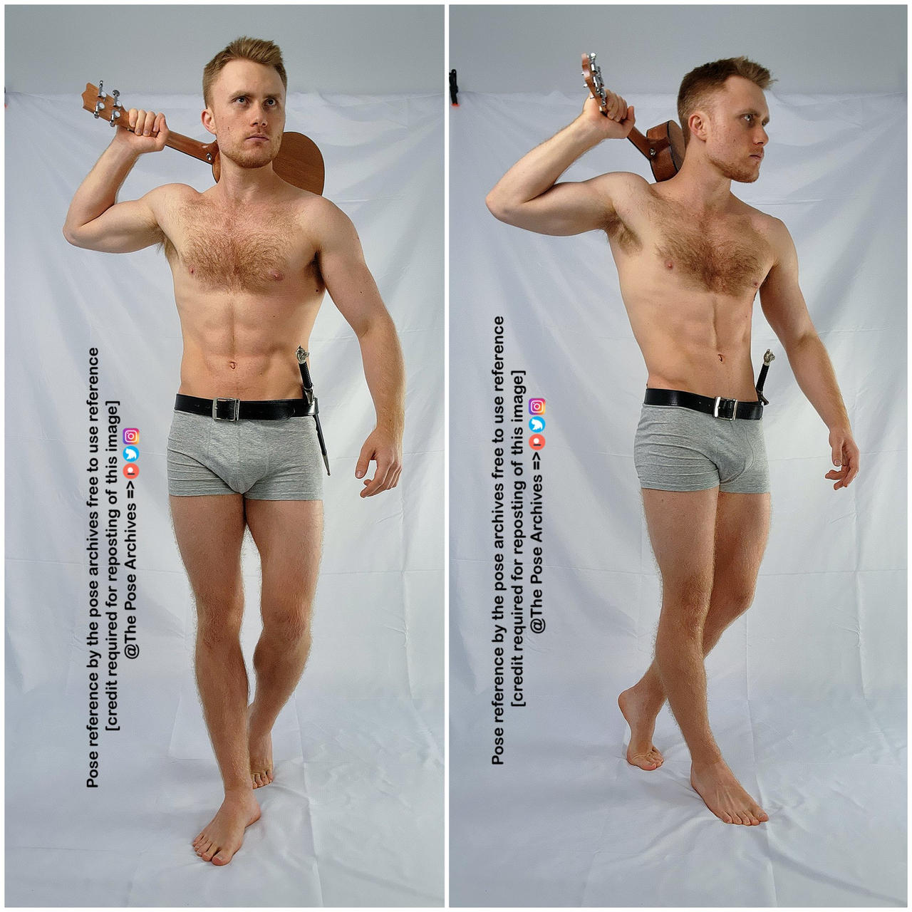 two photos side by side of the same muscular man with a short beard and no shirt, wearing gray underwear and a black belt with a dagger hanging from it, holding a ukulele behind his shoulders. ```