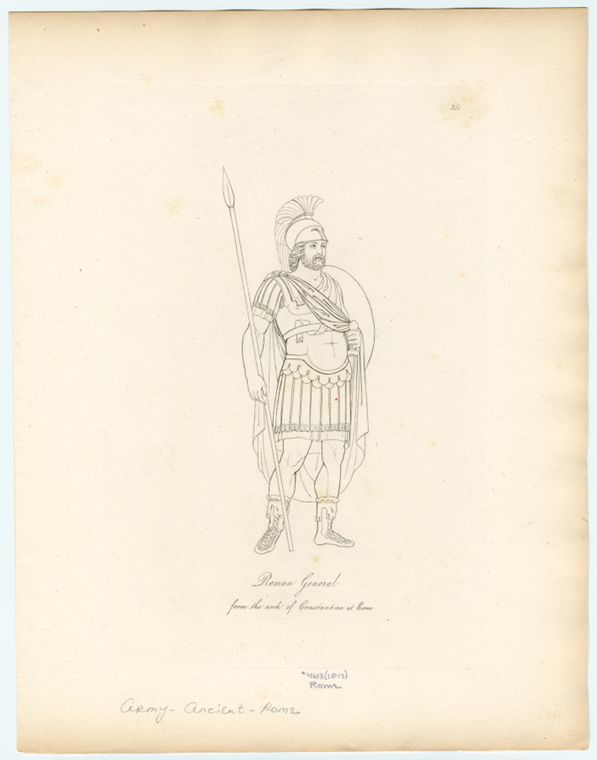 an illustration of a roman guard in full armor with a spear, helmet, and shield.