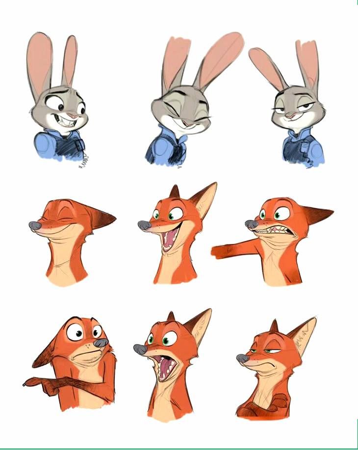 the image shows various character sketches of judy hopps and nick wilde from the movie zootopia, depicting different facial expressions and emotions. judy is shown with smiling, calm, and slightly annoyed expressions, while nick's expressions range from sly and happy to angry, surprised, and suspicious.
