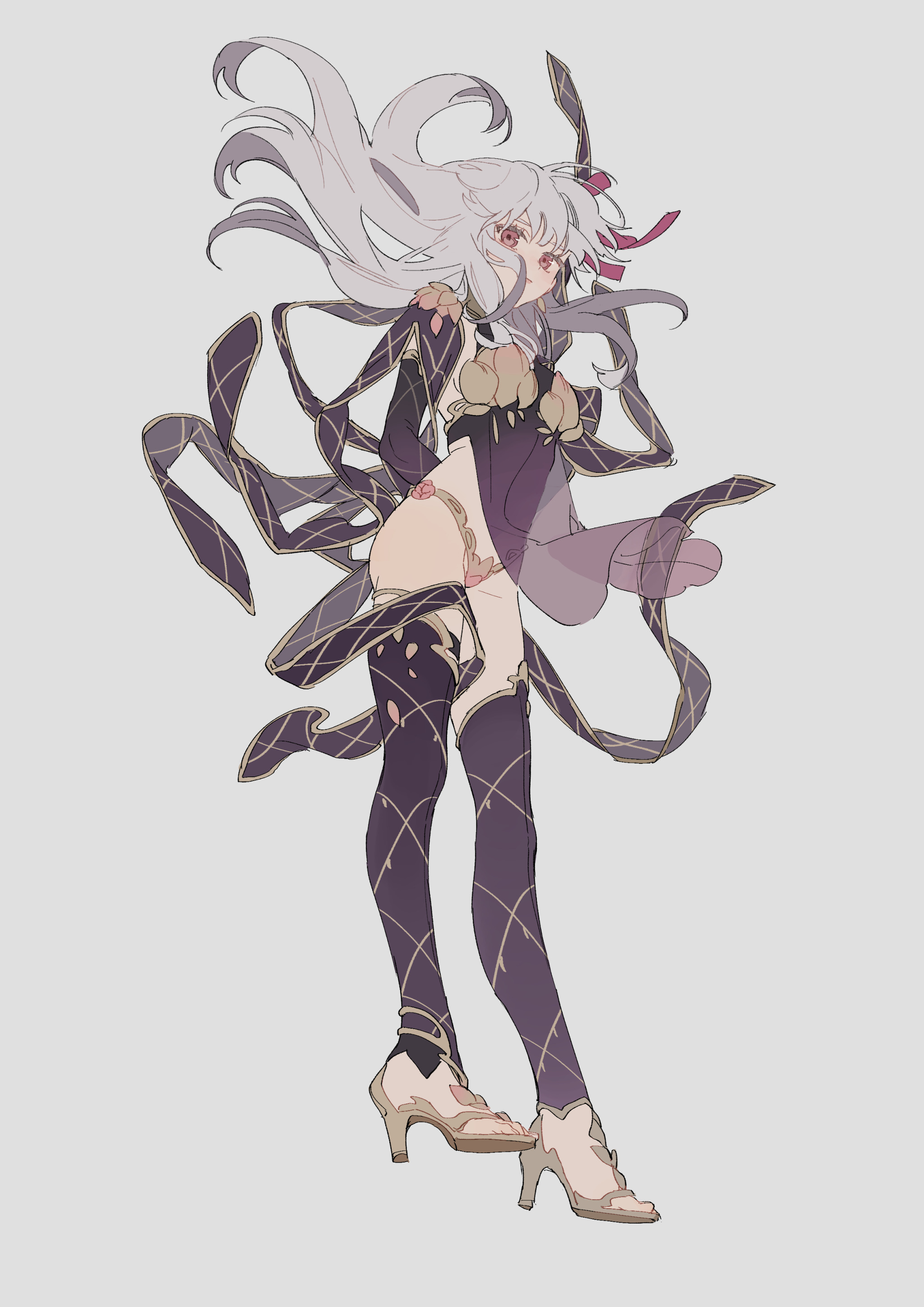 a full body shot of an anime girl with long silver hair, red eyes, and a fantasystyle outfit. she's wearing thighhigh stockings and high heels, adorned with ribbons and a unique dress. the character design has a distinct artistic style.