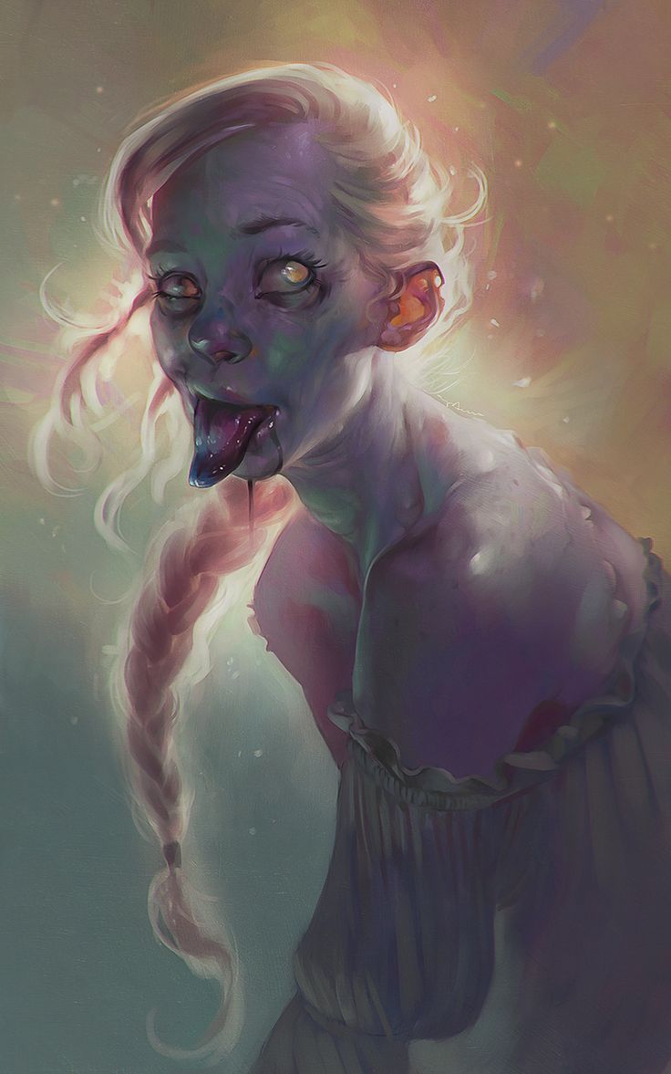 this digital painting depicts a female figure with pale skin and a blue tint. her hair is a long, braided blonde and her eyes are wide open with an unsettling expression. her tongue hangs out, dripping with a dark liquid. the background is a hazy mixture of green, yellow, and purple hues. this painting evokes a feeling of otherworldly strangeness and mystery.