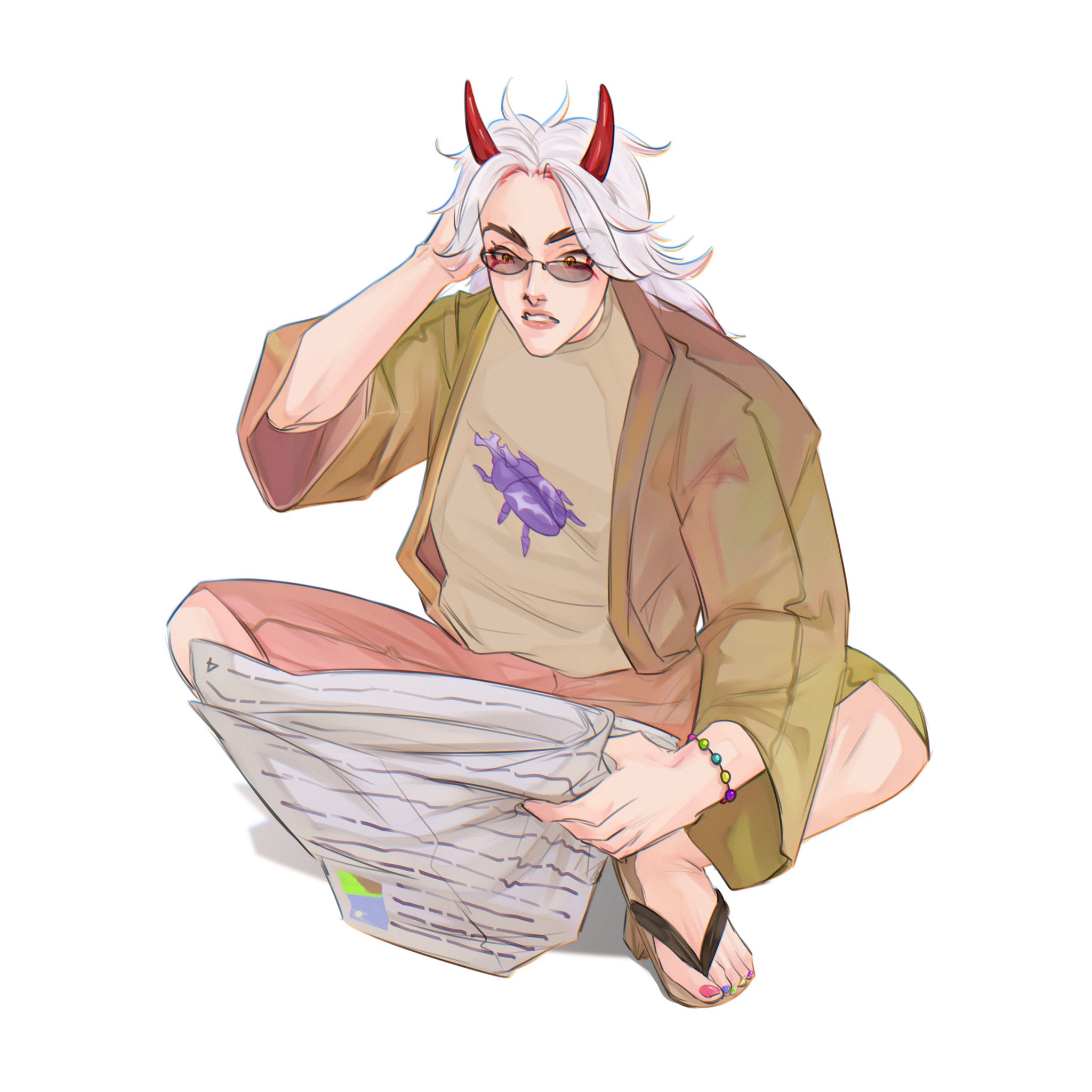 a digital illustration of a woman with white hair, red horns, sunglasses, wearing a yellow top, brown jacket, pink pants, holding a newspaper. the woman is sitting with her legs crossed and her arms outstretched.