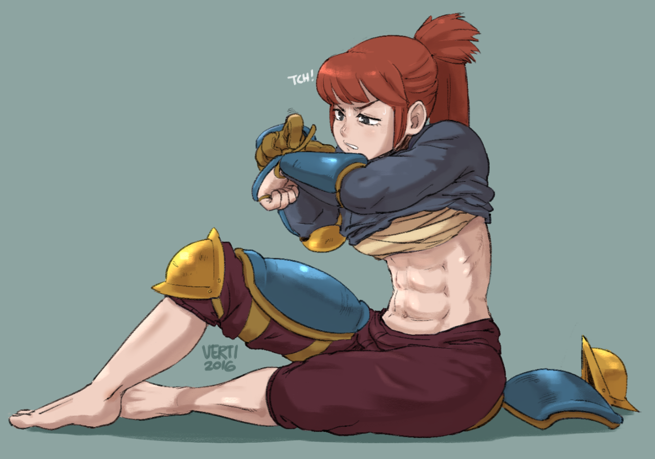 this image is an illustration of a female warrior. she has red hair, a ponytail, blue shirt, and is wearing armor on her elbows and knees. she is sitting with her legs crossed and is taking off her shirt. her muscles are defined and she appears to be strong. the style of the illustration is cartoonish.