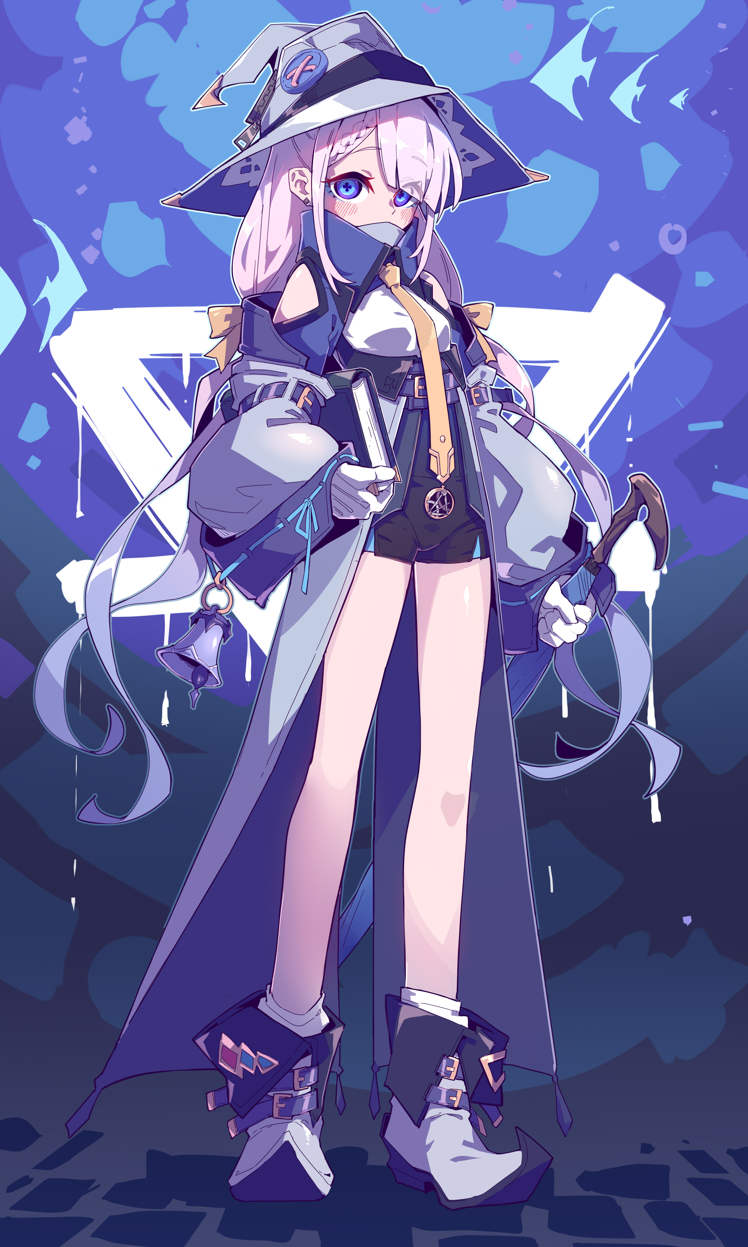 an animestyle character, a young girl dressed as a witch or wizard, is the central focus of the image. she's wearing a widebrimmed hat, a long coat, short pants, and boots. she carries a book and a staff and also has a bell hanging from her coat. the character has blue eyes and light pastelcolored hair. a mask covers the lower part of her face. the character is standing in front of a blue background with a large symbol behind her.
