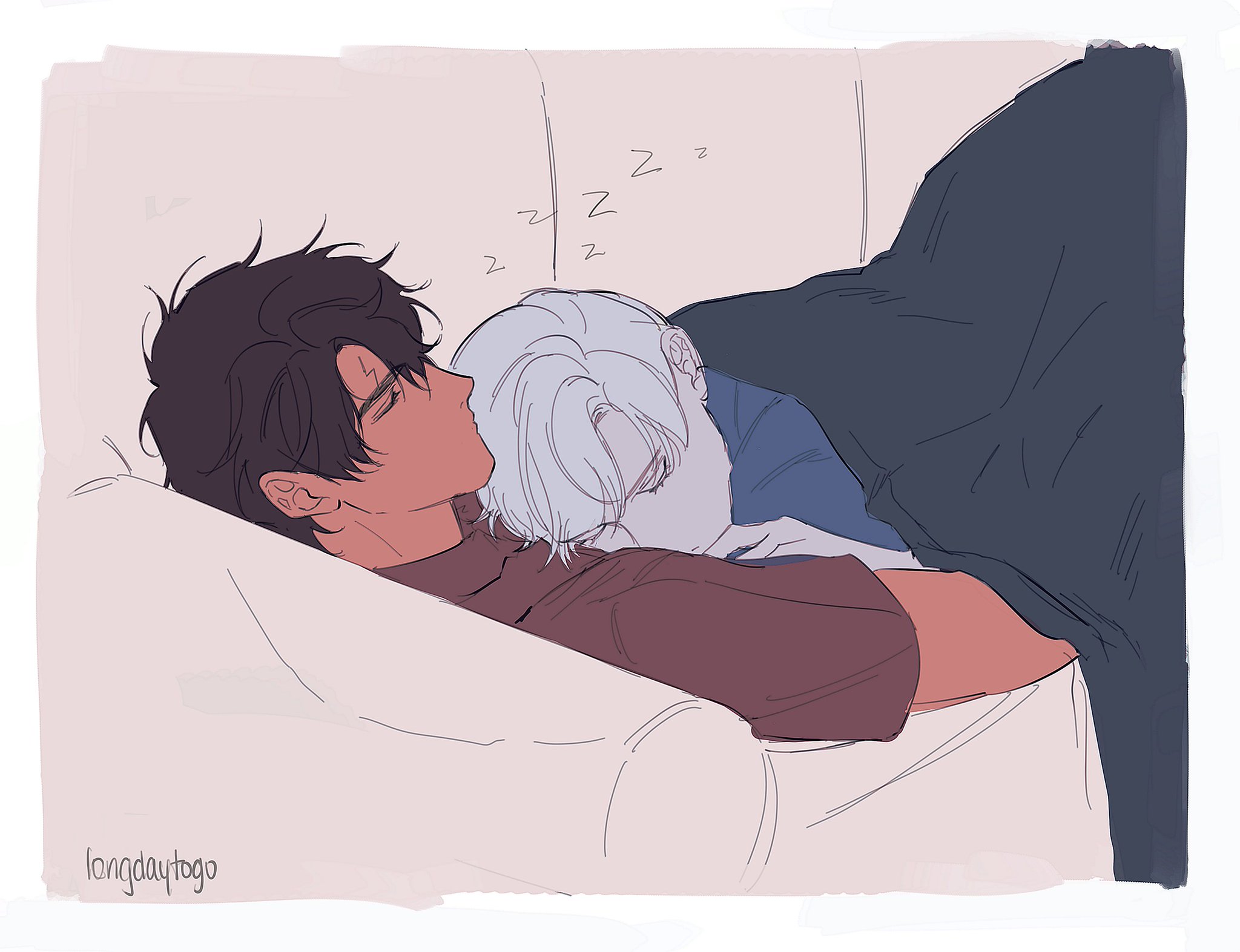 the image is a digital illustration in an anime/manga style depicting two young men cuddling and sleeping together on a couch.  one has dark hair and is lying on his side, while the other, with lightcolored hair, is nestled close to him, partially covered by a dark blanket.  the overall mood is peaceful and intimate, suggesting a close relationship between the two.  the style is soft and slightly sketchy, with muted colors and delicate lines. the artist's signature, "longdaytogo," is visible in the bottom left corner.  "zzz"s are placed above their heads to indicate they're asleep.