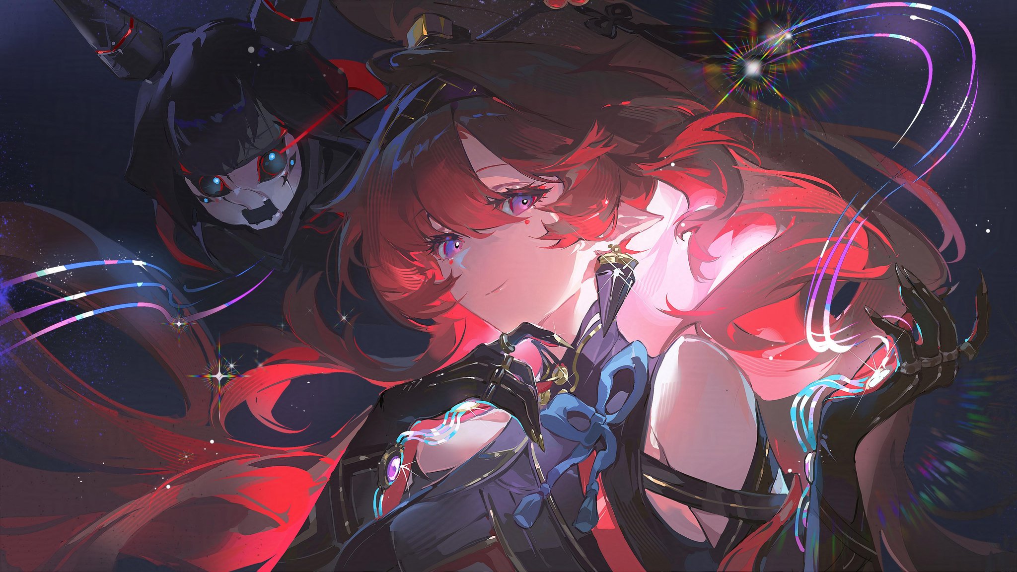 the image is a digital painting depicting two animestyle female characters. the main focus is on a girl with vibrant red hair, styled in a dynamic manner, and wearing elaborate, dark clothing with gold accents and a blue bow. she has striking purple eyes and appears to be wielding or interacting with glowing, multicolored energy strands.  a second character, partially obscured, is visible behind her. this character has black hair, horns, and a masklike face, appearing more mechanical or otherworldly.  the overall atmosphere is fantastical and mysterious, with vibrant colors contrasting against the dark background. the style is detailed and expressive, creating a sense of movement and energy.