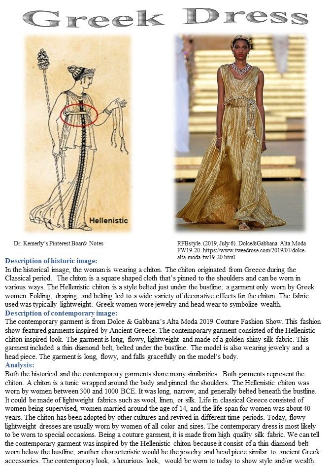 the image shows a comparison of a historical greek dress (chiton) with a contemporary dress inspired by it. on the left is a line drawing of a woman wearing a hellenistic chiton, with a belt around her waist. on the right is a photo of a model wearing a gold dolce & gabbana dress from their alta moda 2019 collection. the image also includes a description of the historic and contemporary images and an analysis of their similarities.