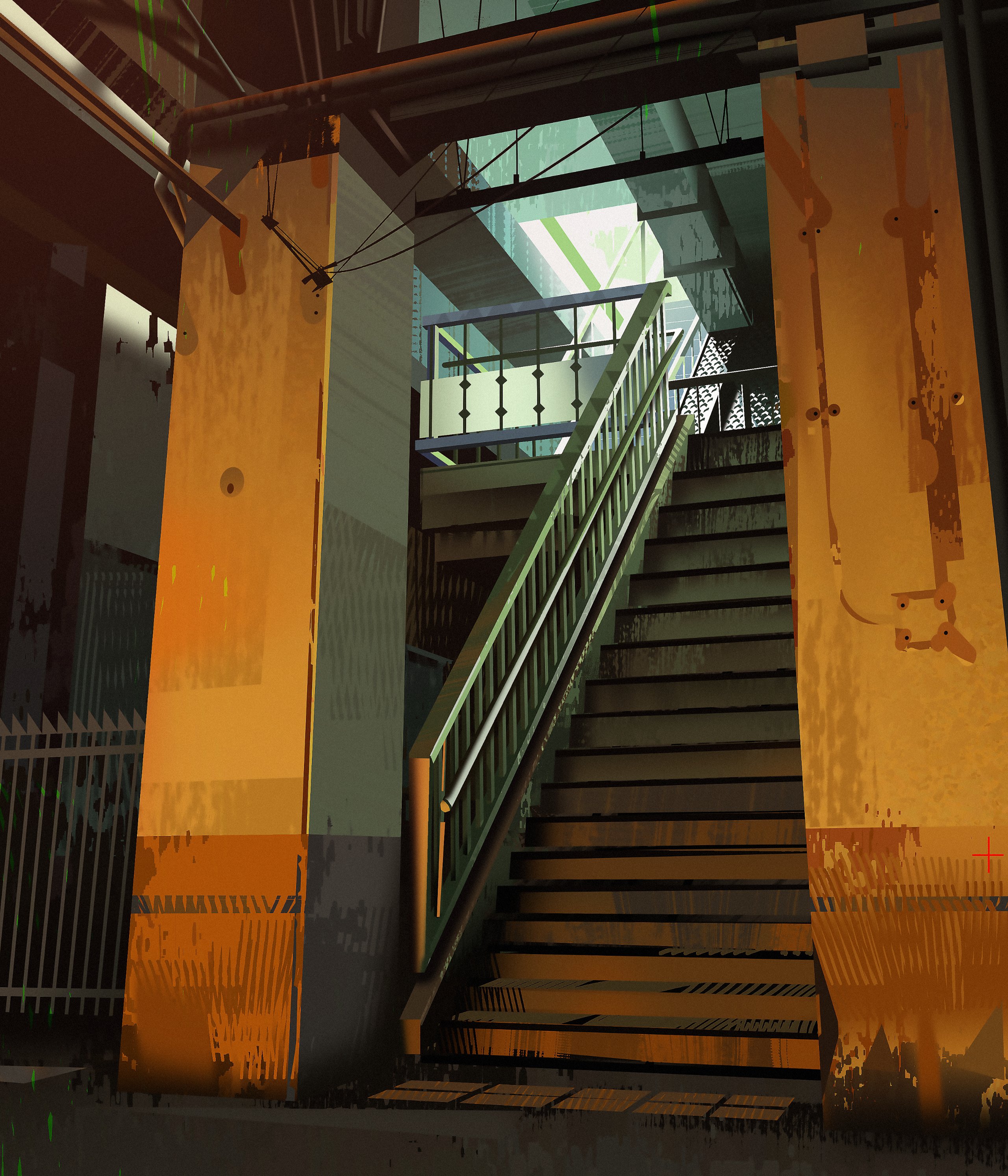 a digital art painting depicts an urban staircase enclosed by architectural columns and industrial infrastructure, with a grunge and weathered aesthetic.