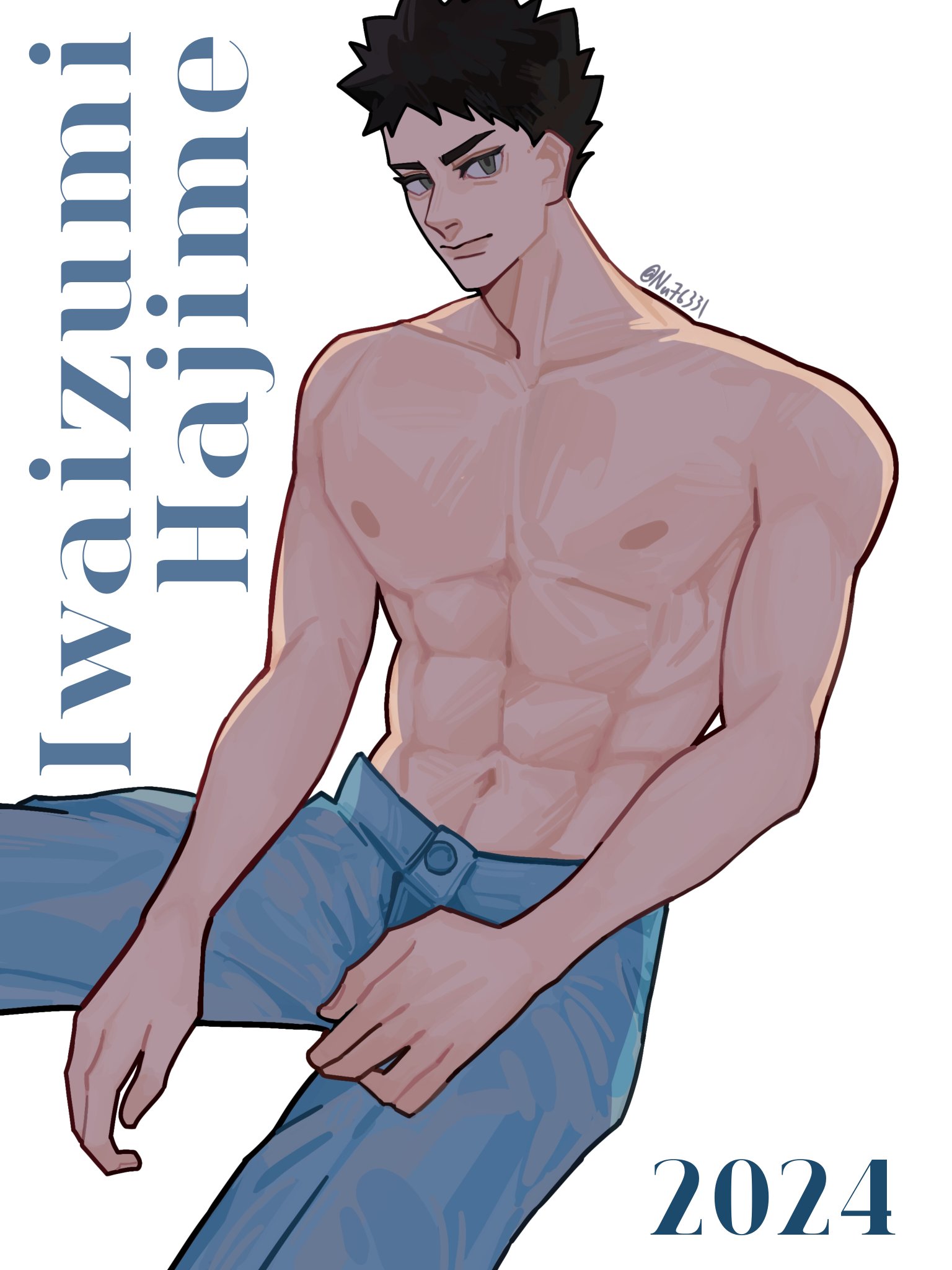 a digital illustration of iwaizumi hajime from haikyuu, a male character in the anime series. he is shirtless, showcasing his muscular torso with ripped abs and wearing jeans. he is sitting with one leg bent and the other stretched out, looking at the viewer with a slight smirk. the illustration is done in a colorful and stylized way with a background of white. the year "2024" is written in blue at the bottom right of the image.