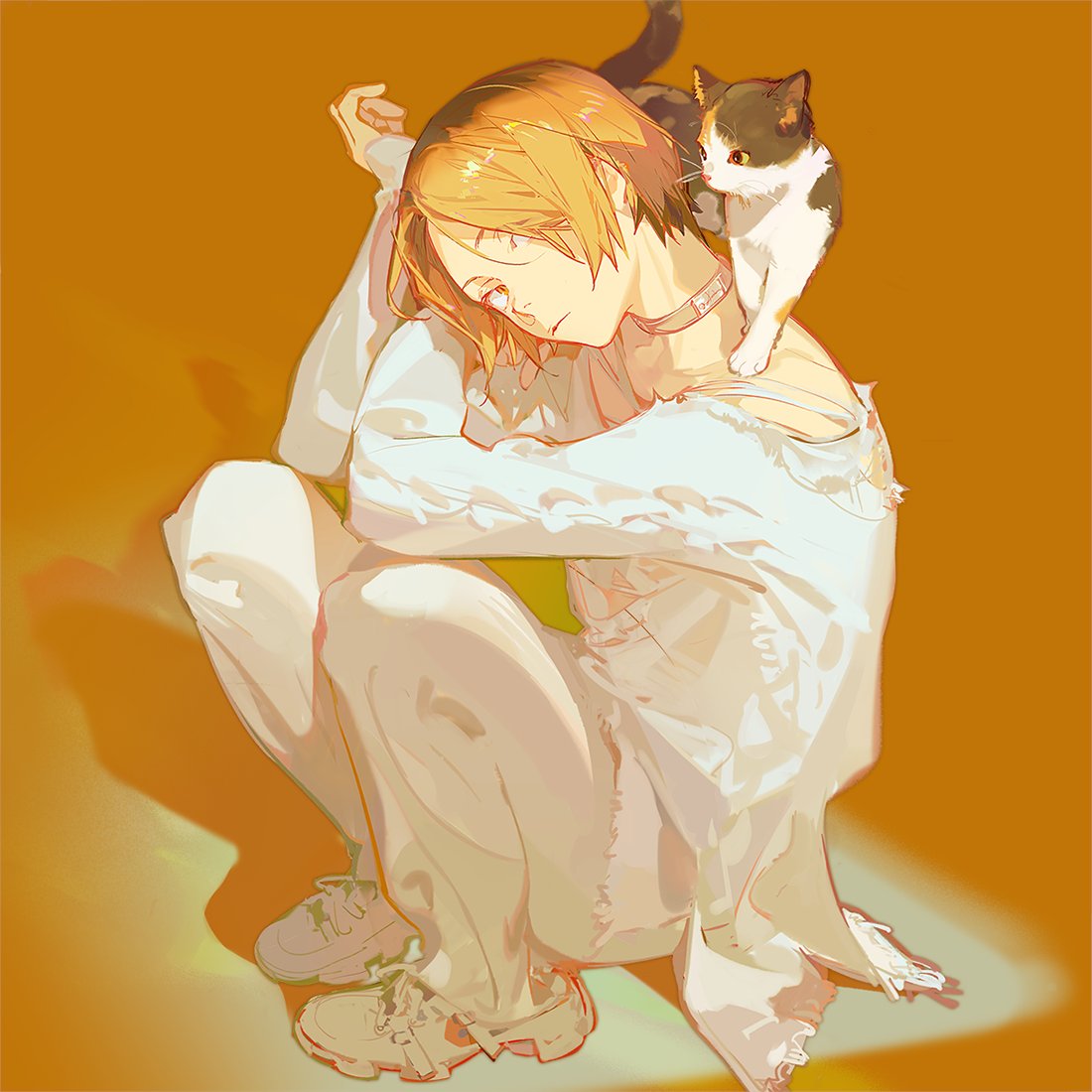 a digital art illustration in anime style features a person with blonde hair and red eyes, dressed in white clothes and sitting crosslegged on an orange background. a tuxedo cat is perched on the person's shoulder. the person is wearing a collar and shoes.