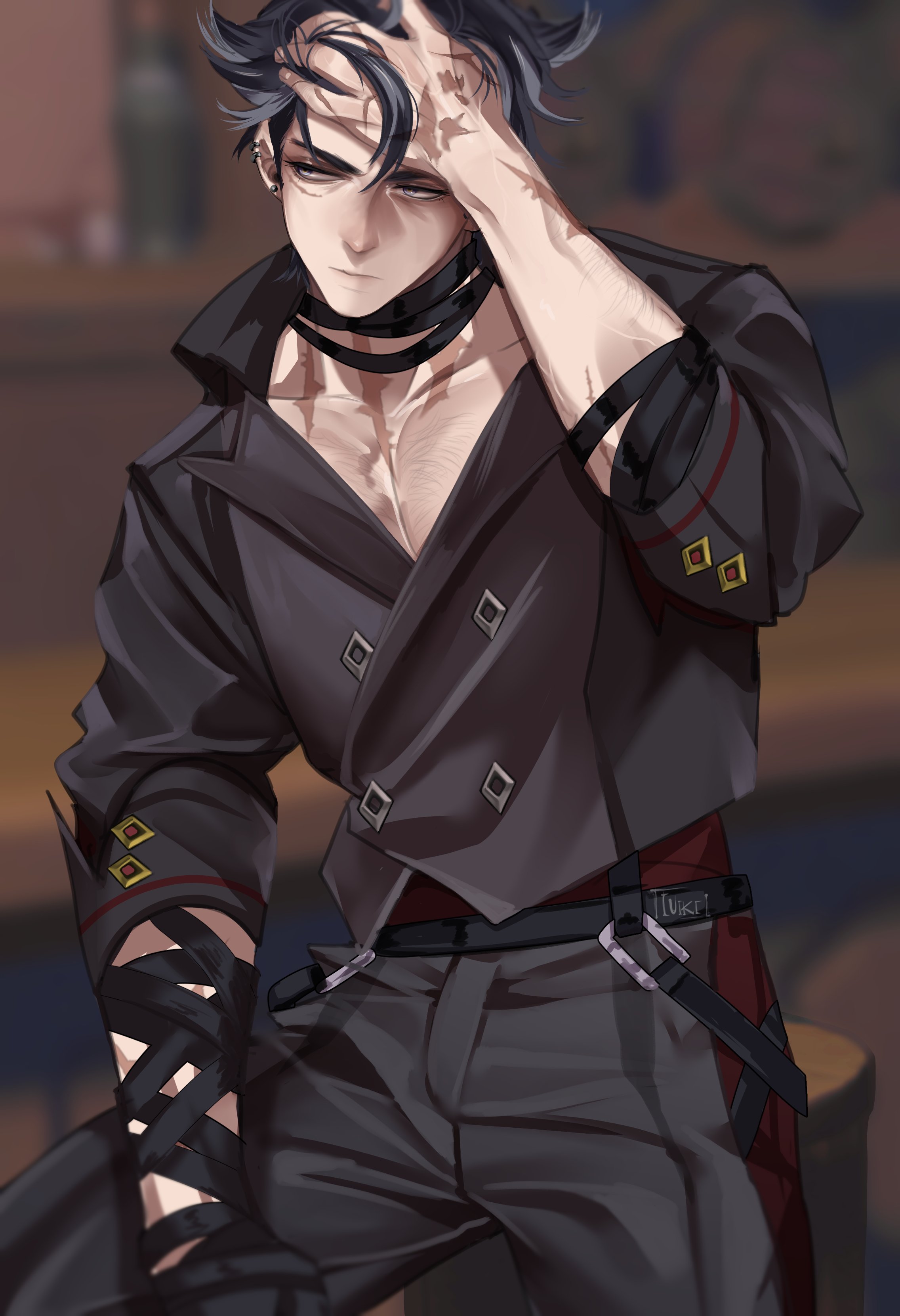 the illustration is a digital painting of a handsome anime male character. he is wearing a black and grey outfit with red and gold accents, and is posing with one hand on his face and the other at his side. the background is blurred and out of focus, highlighting the character and his outfit. the character has a serious and cool expression on his face.