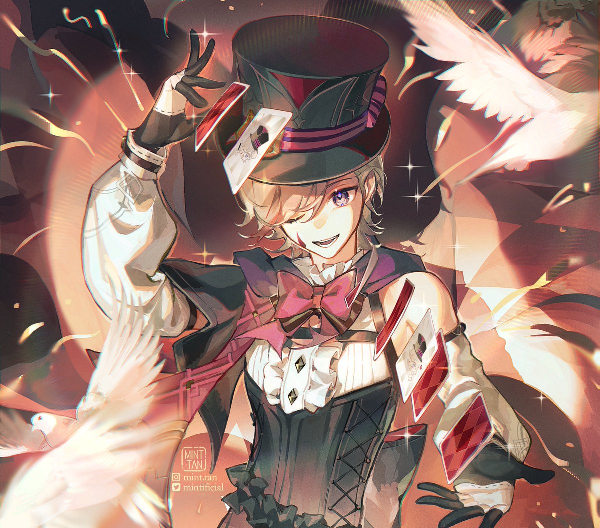 this illustration shows an anime magician with a top hat, a white shirt, a black corset, a pink bow, and a purple cape, holding a deck of playing cards in their right hand.  they are surrounded by doves and sparkles. the background is a blur of pink and red.